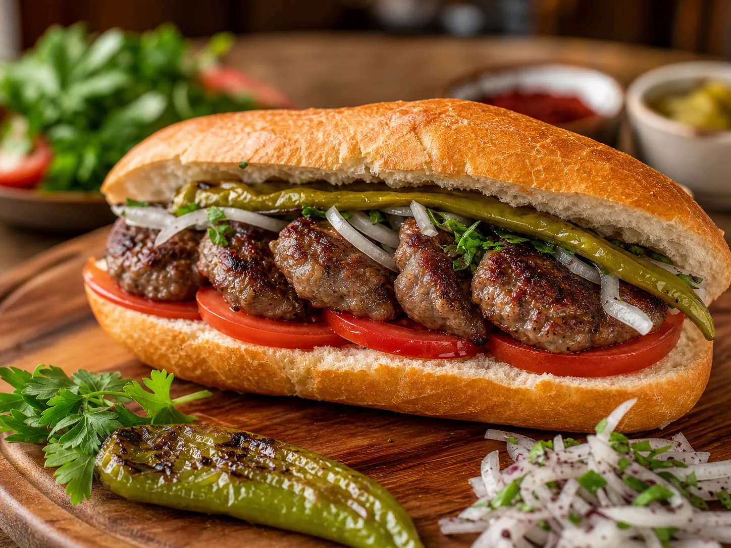 Ekmek arası köfte, domates ve yeşil biber ile servis