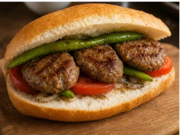 Ekmek arası köfte, domates ve yeşil biber ile servis