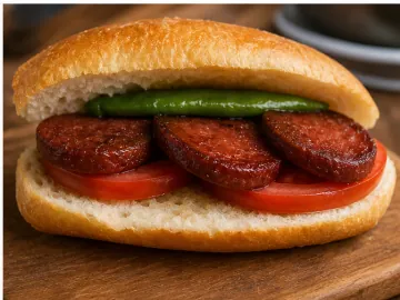 Ekmek arası sucuk, domates ve biber ile servis